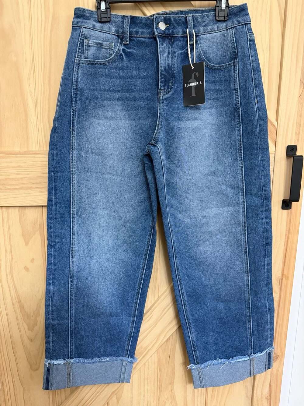 Flamingals High Waisted Raw Hem Cuffed Straight Leg Crop Jeans